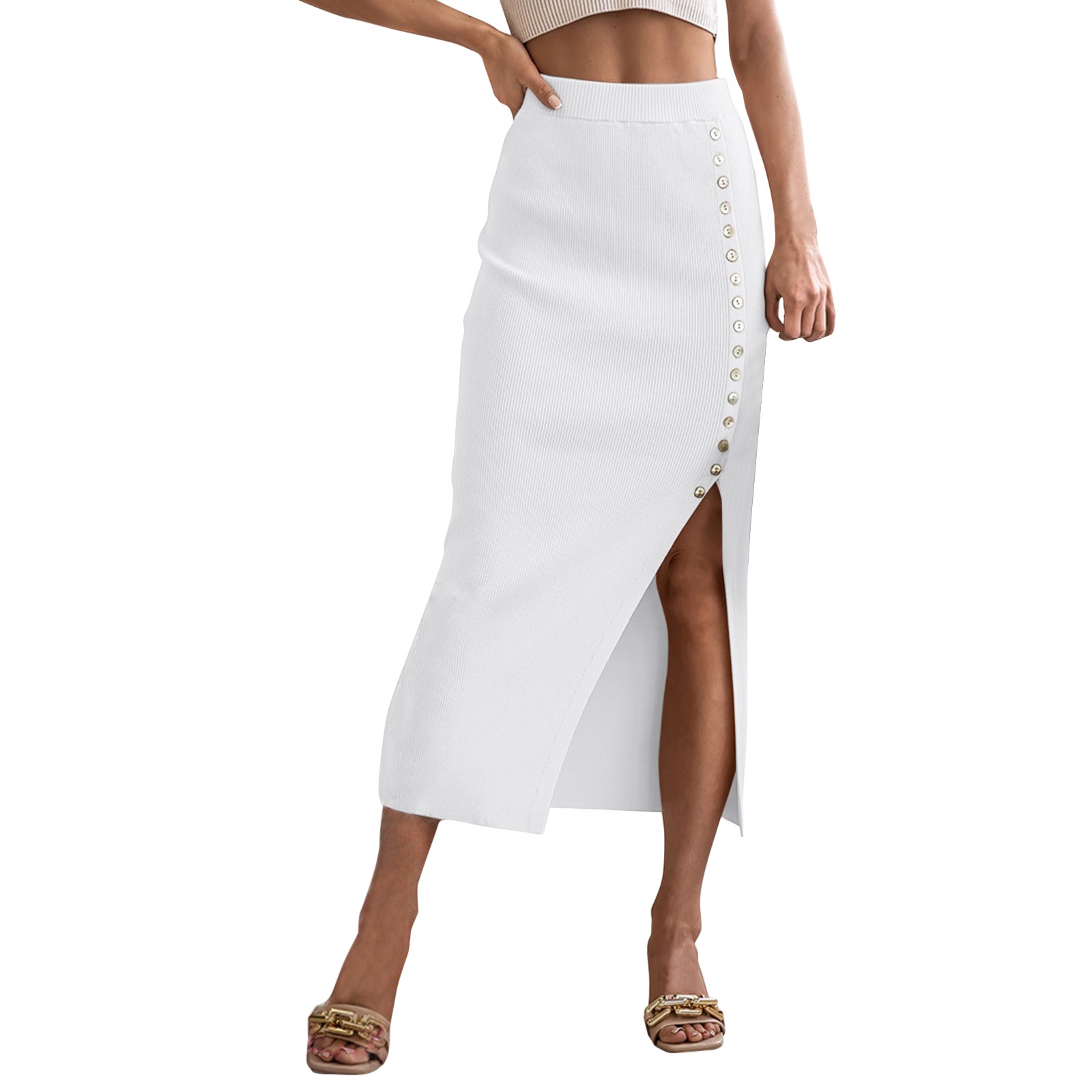 thumbnail image 2 of Falda midi elegante de corte lápiz con ribete de lechuga y cintura alta, poliéster, informal de verano, 2 of 8